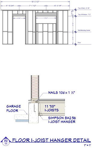 Residential wall framing detail with dimensions and residential CAD floor joist detail