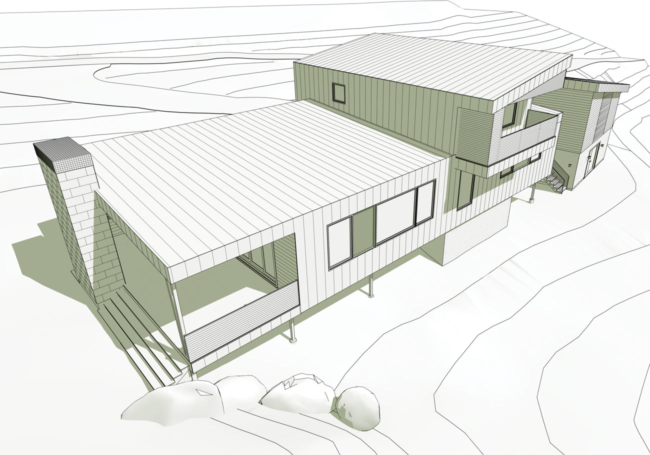3D render of the Fine Homebuilding California House design - back of house