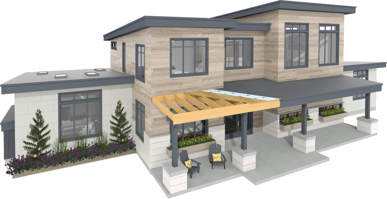 Modern home rendering with exposed roof rafters.