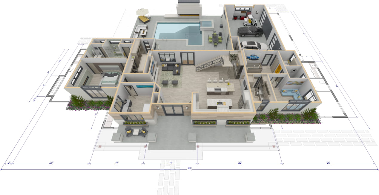 Overview 3D rendering of floorplan like a dollhouse view.