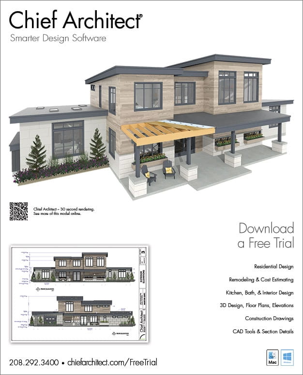 Exterior house rendering of the Chief Architect Austin Sample plan