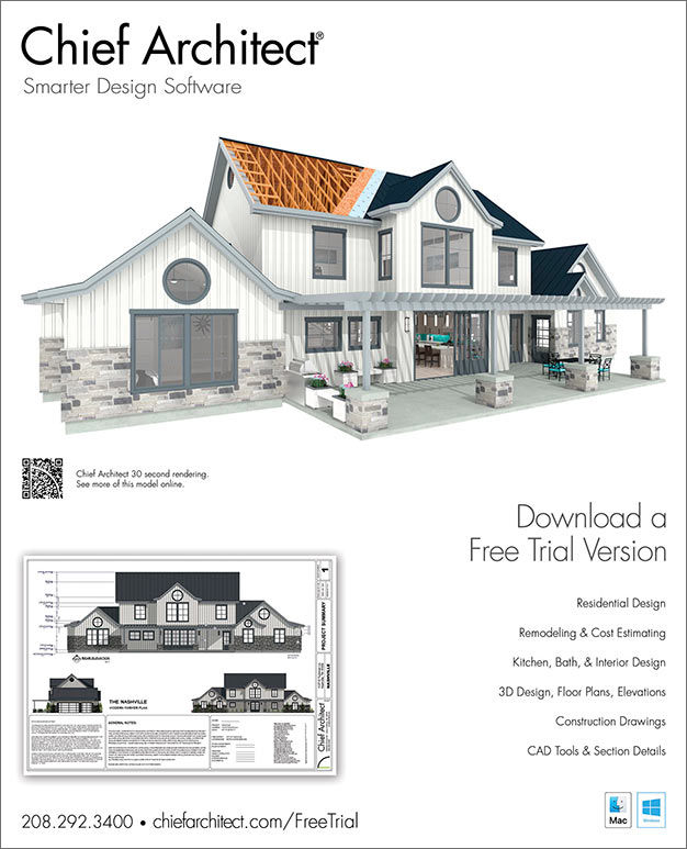 Magazine ad page of the Nashville house exterior render with partial roof framing  and elevation.