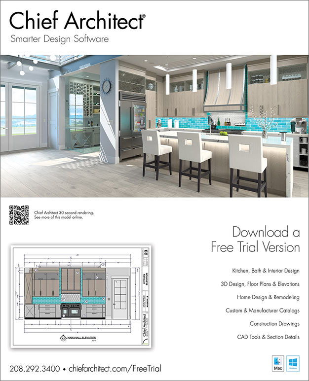 Nashville magazine ad page kitchen render with wood cabinets and turquoise tile and a kitchen wall elevation layout sheet.