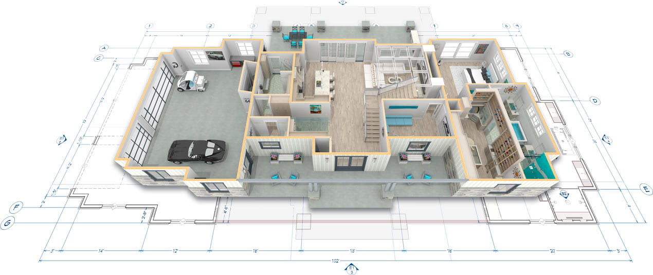 Floor overview render with roof removed looking down on kitchen, garage and living spaces overlaying the floor plan.