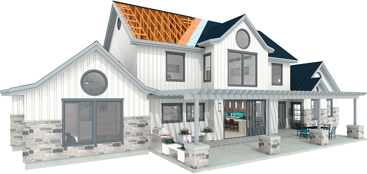 Exterior overview render of modern farmhouse with partially exposed roof framing.