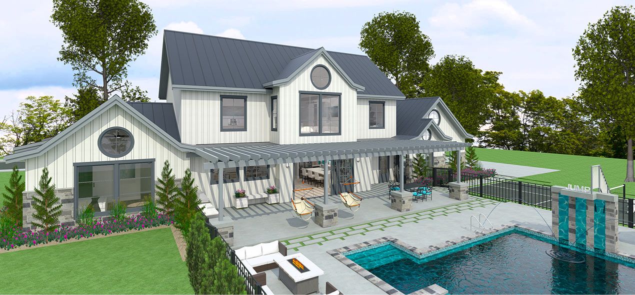 Nashville back yard and house exterior with grey siding, trellis, patio and pool.
