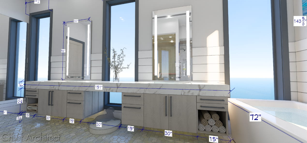 Saguaro sample house plan bath suite rendering with 3D dimensions on dual bath vanities and large windows.