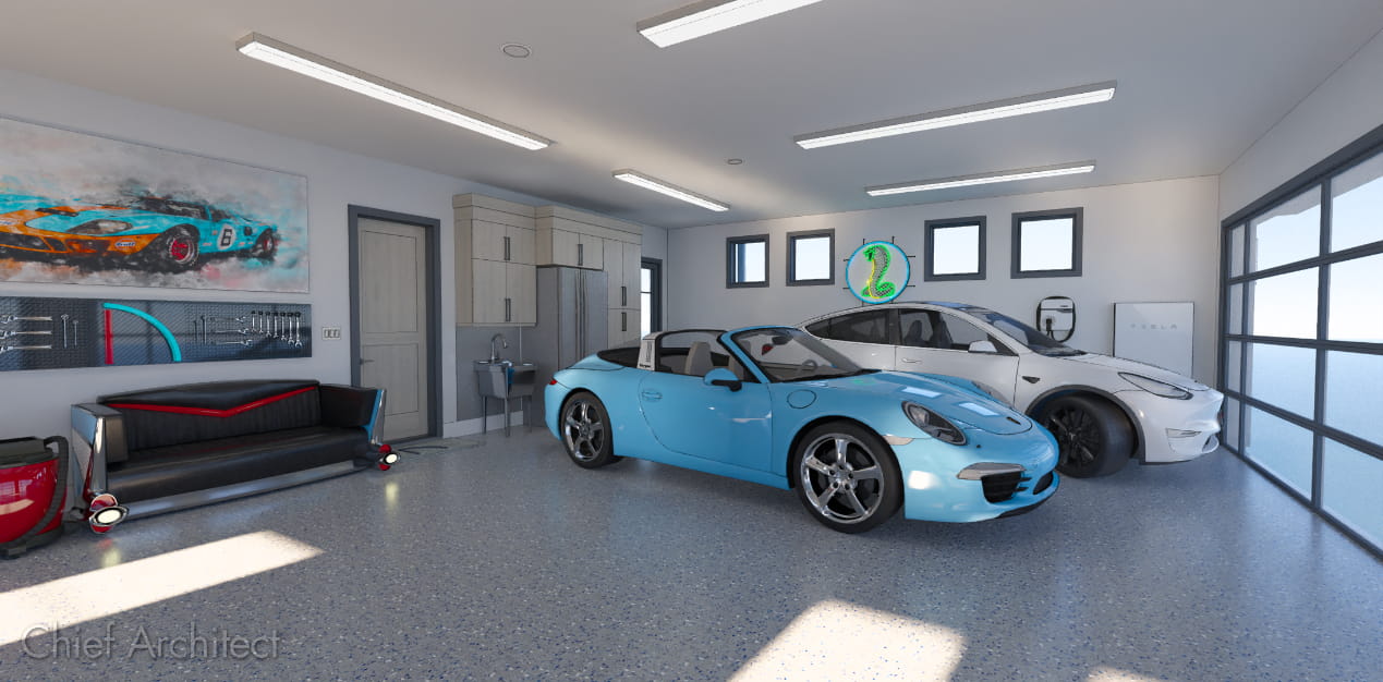 Garage ray trace rendering with an electric car, charger, and home battery wall.