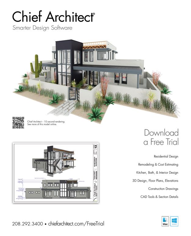 Chief Architect software advertisement showing a rendering of a house exterior with exposed framing and house elevation on a plan sheet.