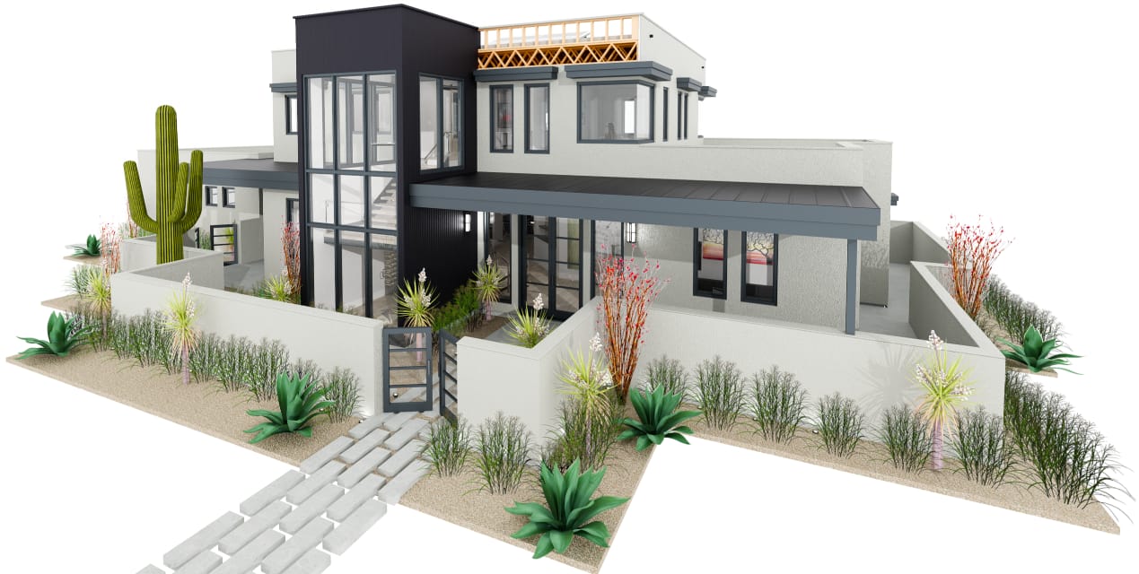 Physically based ray trace render of a modern desert house exterior with stucco and metal accent siding.