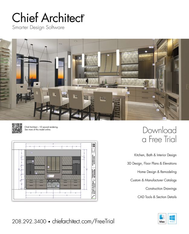 Chief Architect software advertisement using kitchen rendering and kitchen wall elevation on a plan sheet.