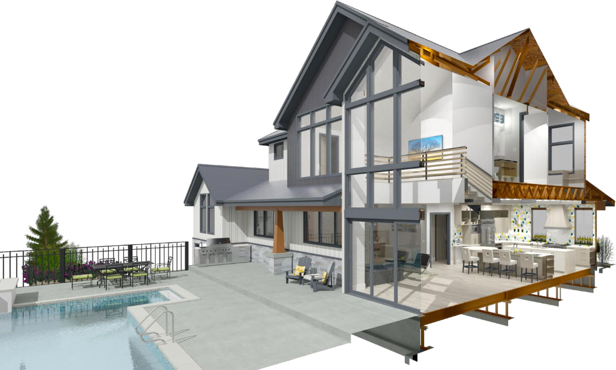 3D cross-section render of virtual house exterior and pool cut away to reveal interior details.