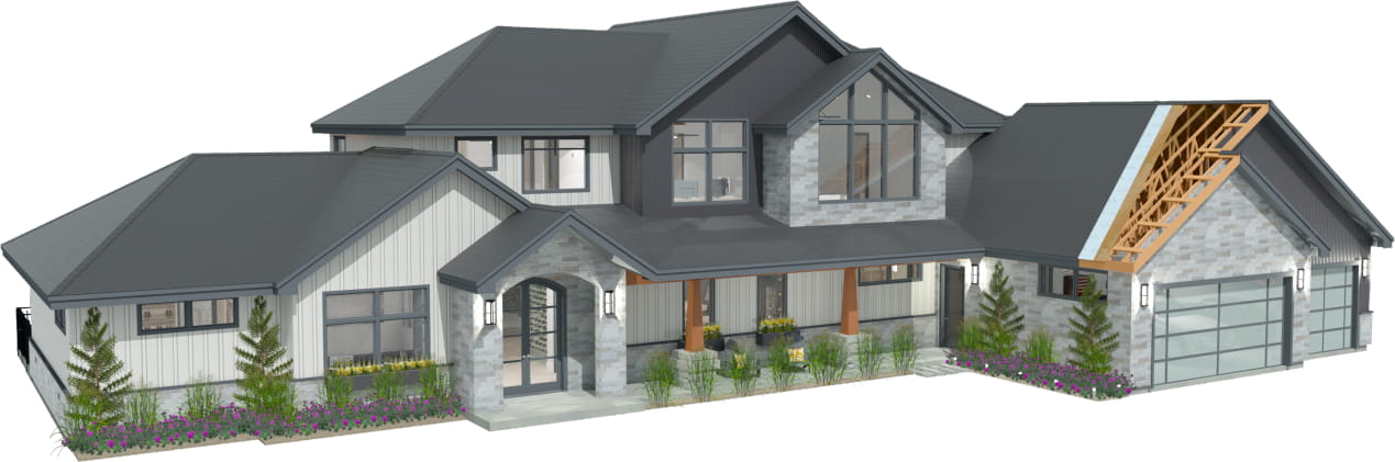 Exterior of house with grey stone and siding rendered with exposed roof truss framing.