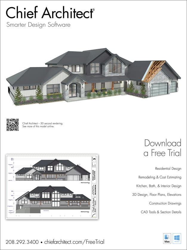 Chief Architect 3D house exterior with exposed framing for magazine advertisement.