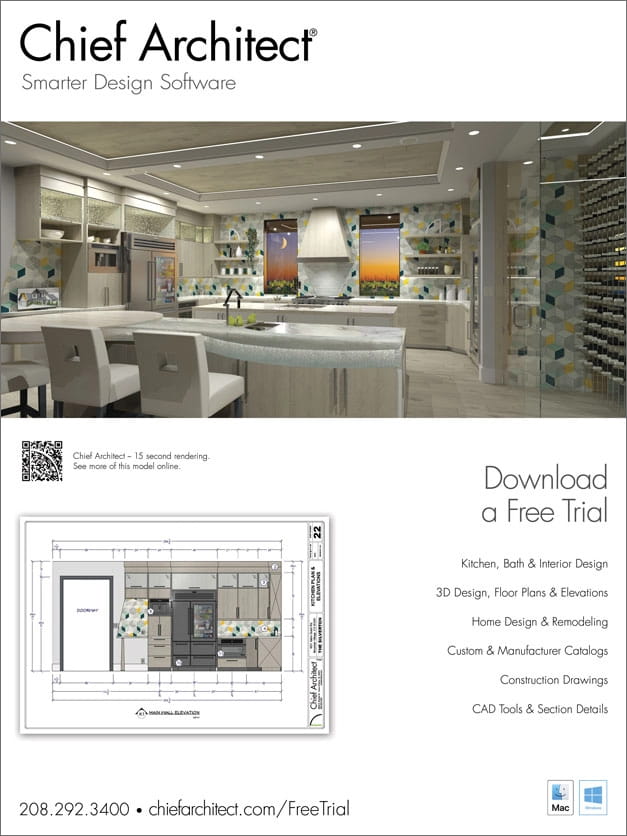 Kitchen scene rendering and plan sheet elevation drawing for Chief Architect magazine advertisement.