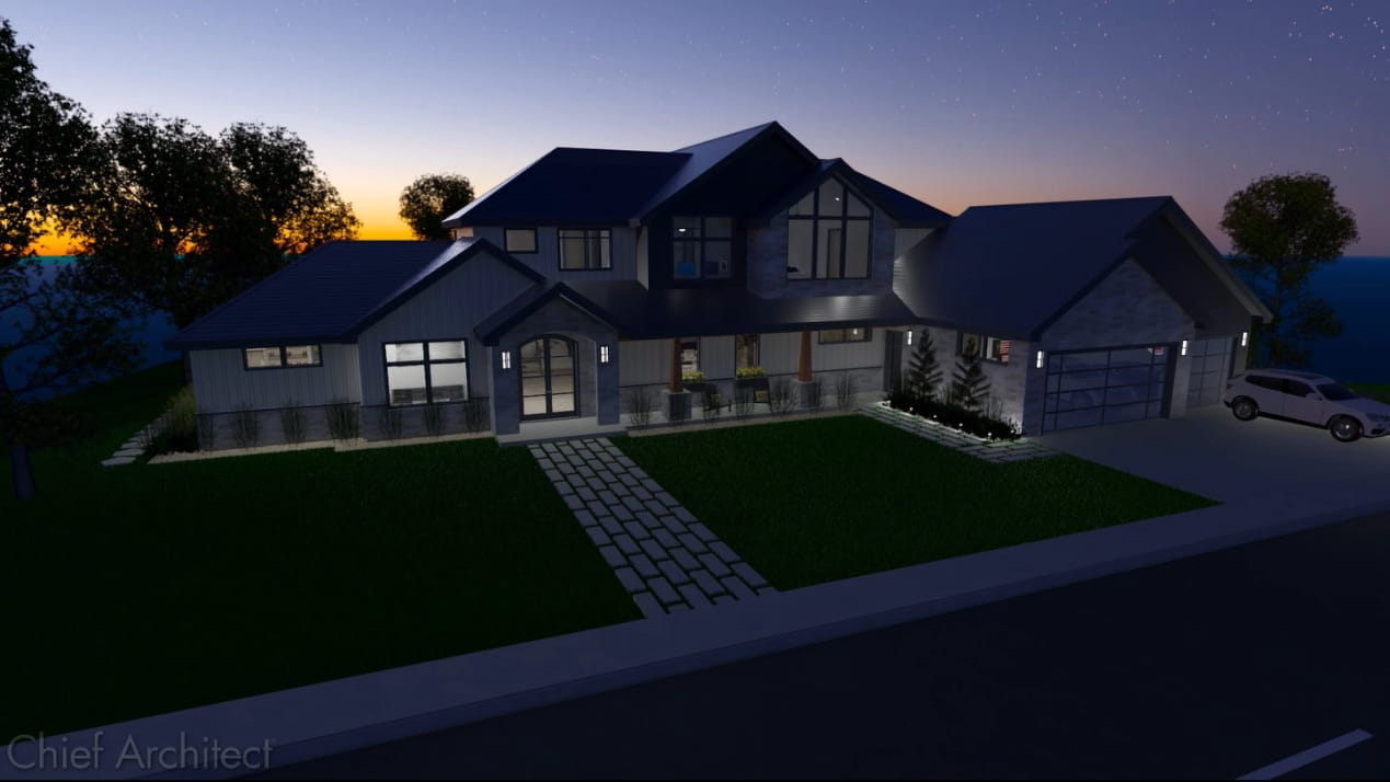 Evening rendering of the front exterior and 3D walk-through for a virtual house.