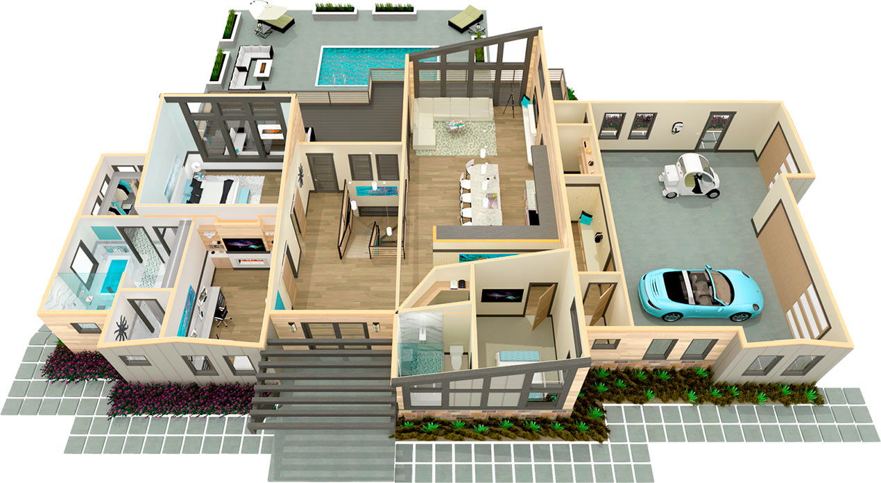 Dollhouse rendering - top-down 3D view of a home without the roof. Watch 3D walkthrough video of this house
