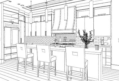 Kitchen rendering in line drawing / sketch rendering