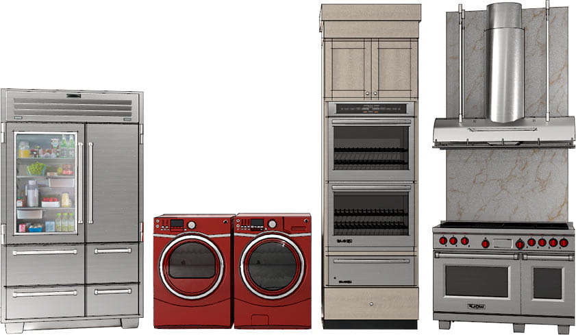 3D symbol appliances for kitchen and bath design - refrigerator, washer, dryer, built-in oven, cook hood and oven range