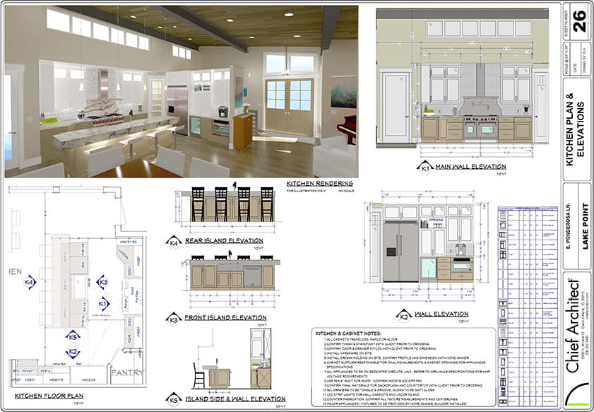 Kitchen design plan set with floor plan, wall elevations, 3D rendering and cabinet schedule. Watch how-to kitchen design time-lapse video