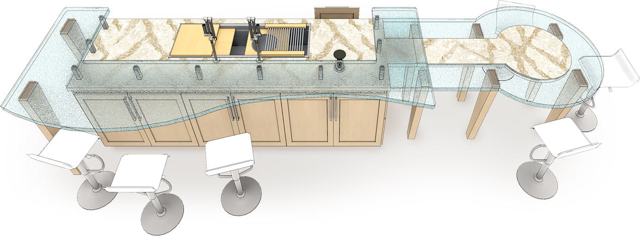 3D rendered kitchen island with inlay custom countertops and large work station sink