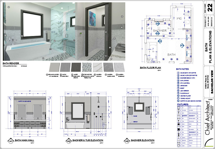 Bathroom floorplan and elevation organized on a Layout sheet for construction documents