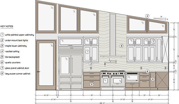 Kitchen wall elevation with cabinet dimensions