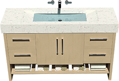 Custom bathroom vanity cabinet with an integrated sink in the countertop