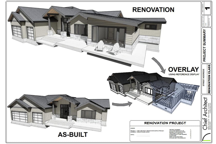 Renovation project showing an as-built home, proposed remodel, and 3D overlay comparison