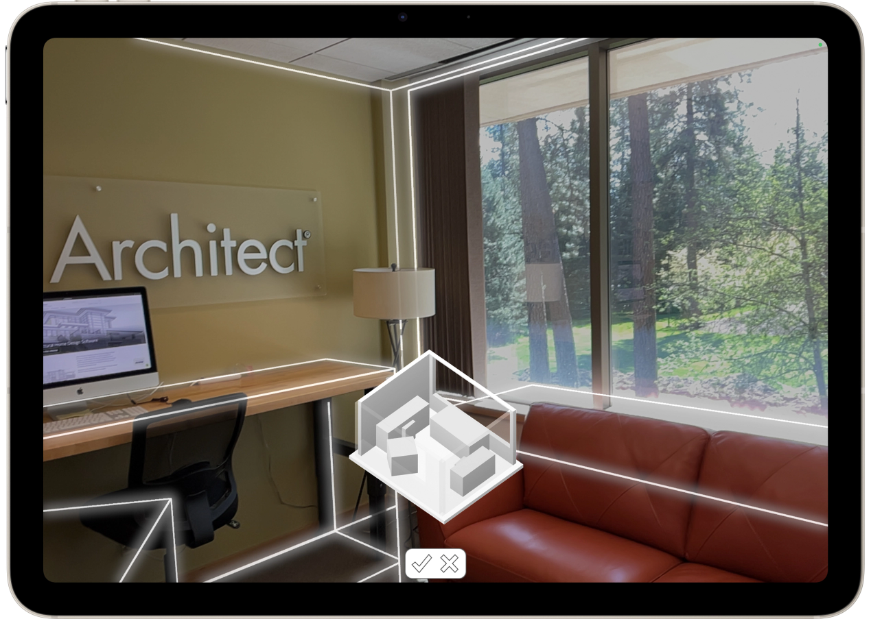 iPad image of a room scanned with LiDAR to create a model. Video tutorial of As-Built software