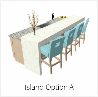 Kitchen island 3D rendering showing design option for a waterfall countertop