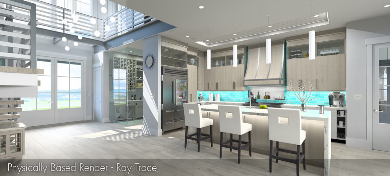 Ray Trace and Clay render comparison of a modern kitchen with wood cabinets and turquoise tile near a wine cellar and foyer.