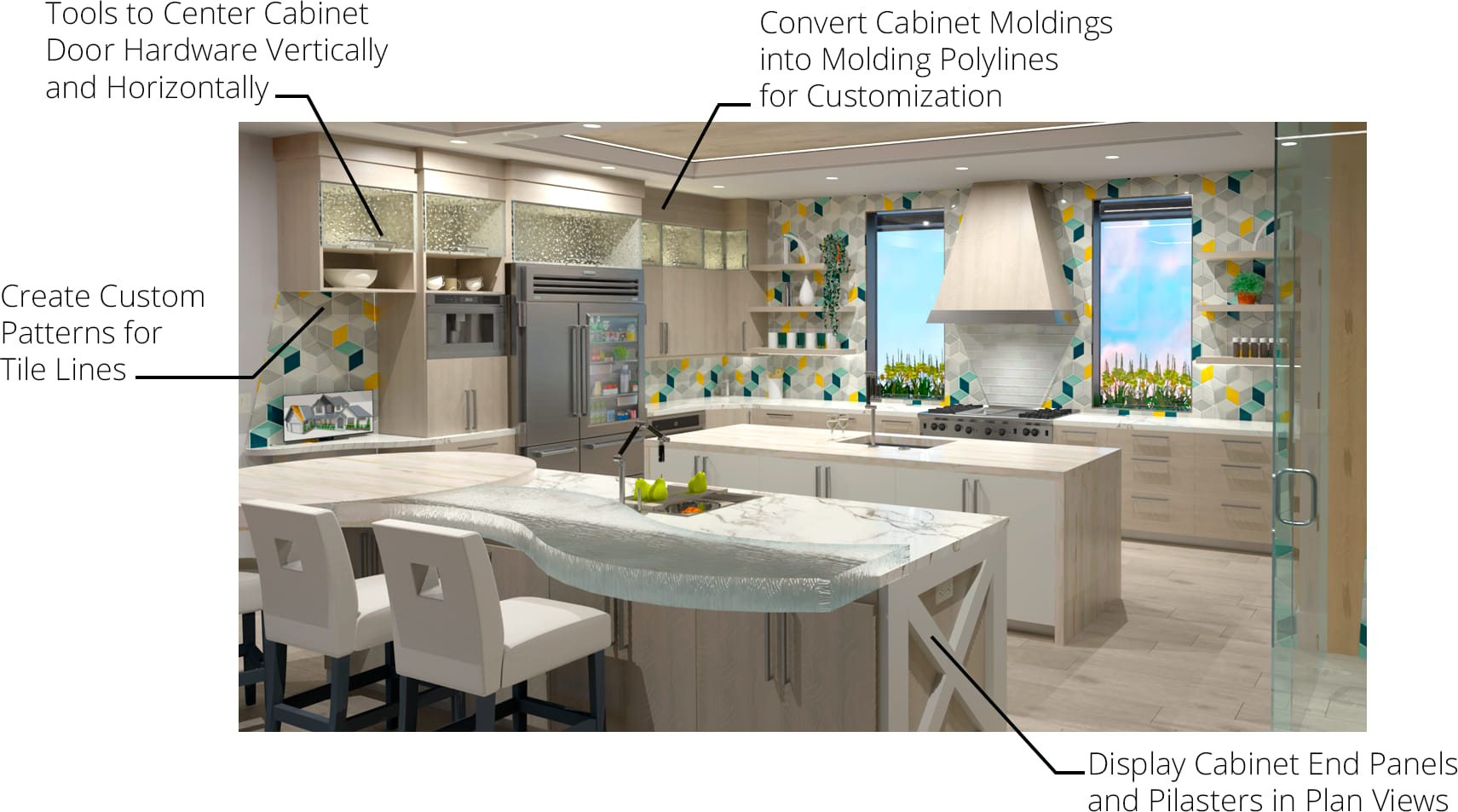Contemporary kitchen render with dual islands and bright backsplash listing new Chief Architect X15 features.