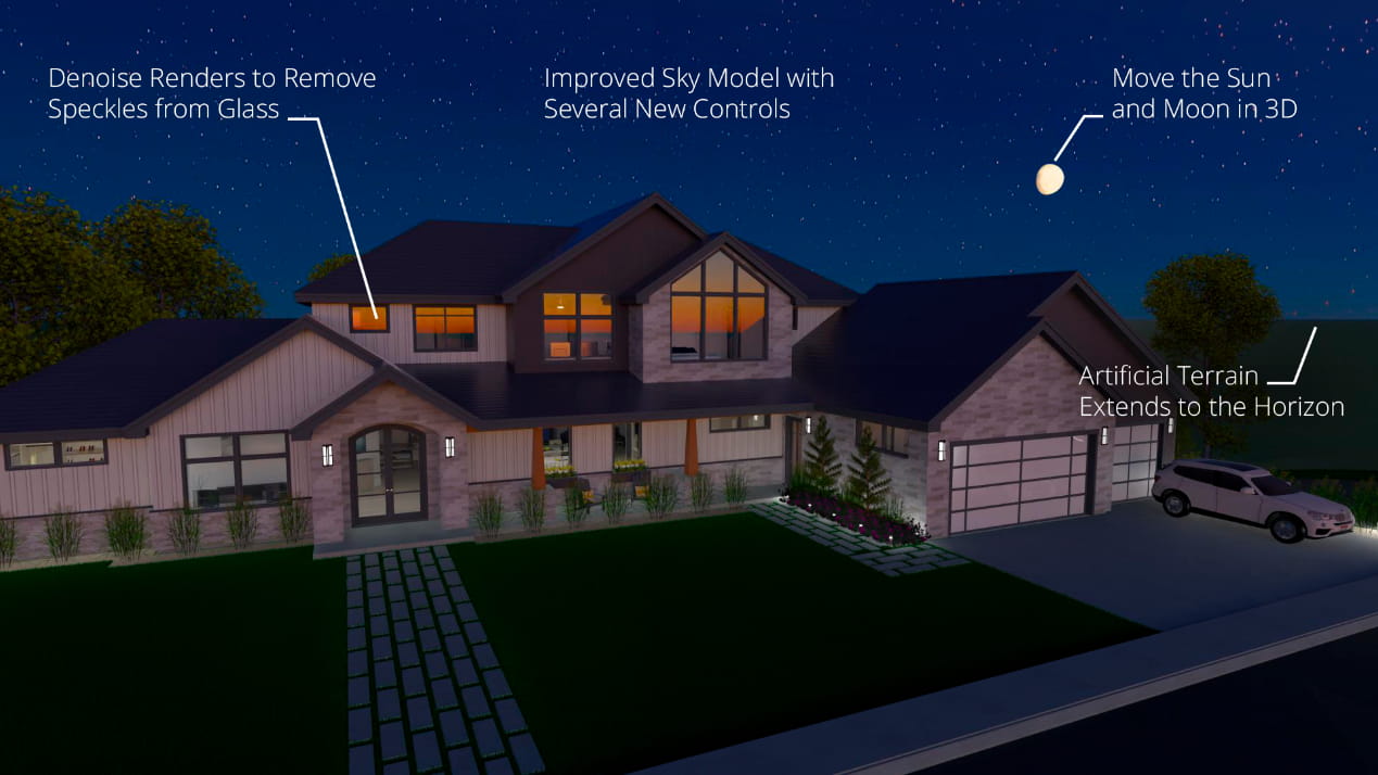 3D night rendering of a house moonlit at twilight. Sunset reflection in the windows and natural looking grass using new Chief Architect X15 features.