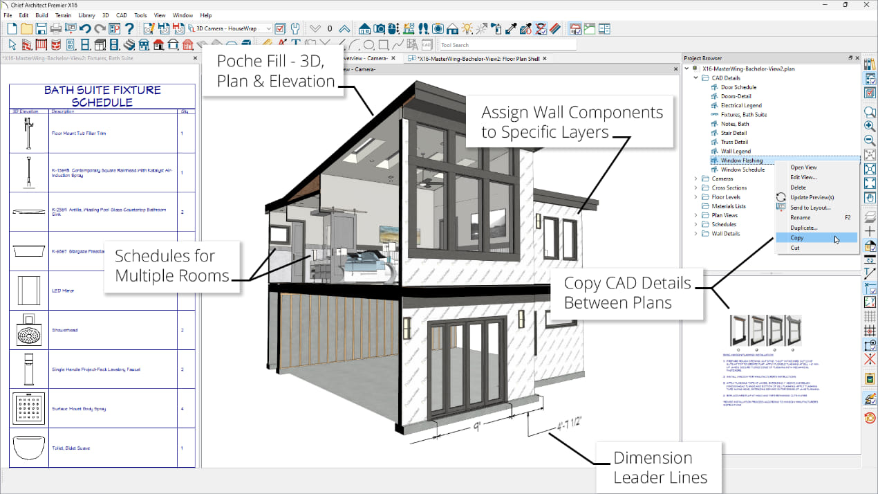 3D house cut away to reveal the interior, drafting and project management  software features called out for room schedules, CAD details and layers.