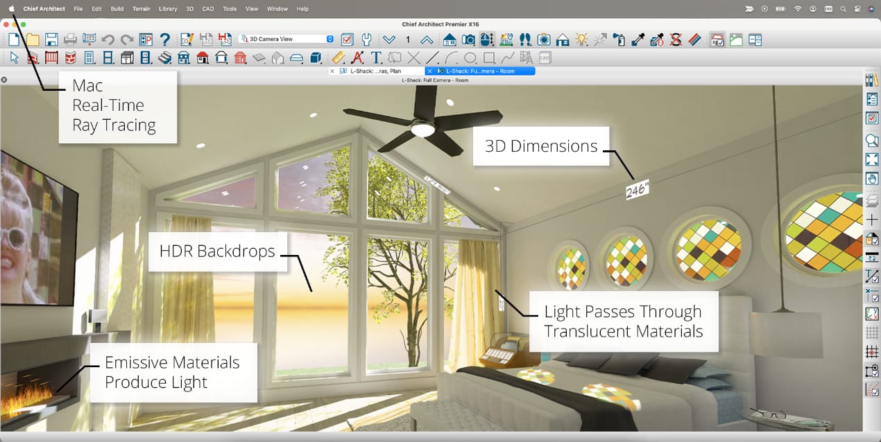 Image of primary bedroom with stained glass windows and vaulted ceiling. New presentation features called out for Mac ray tracing, 3D dimensions and lighting.