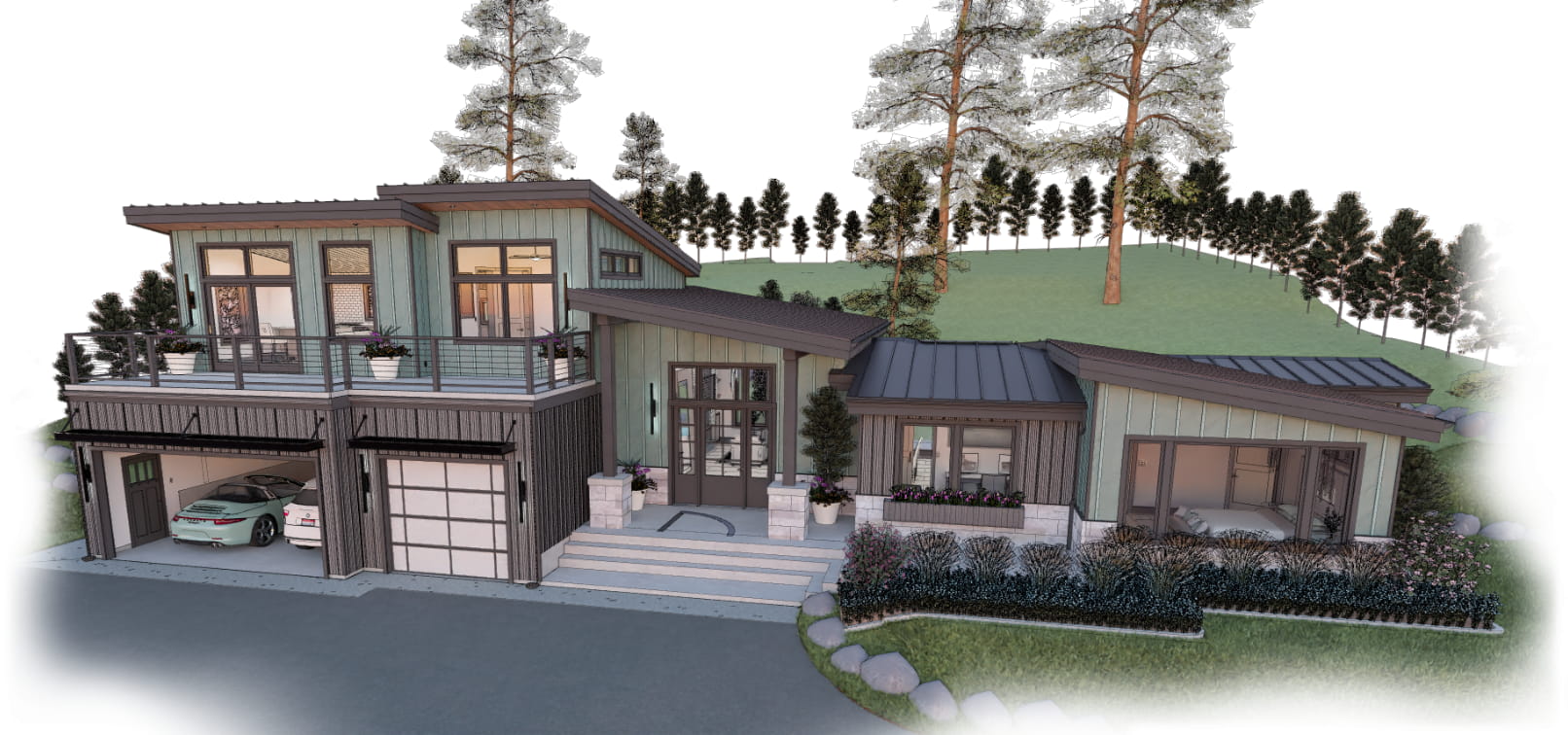 Contemporary green shed roof sample house designed in Chief Architect
