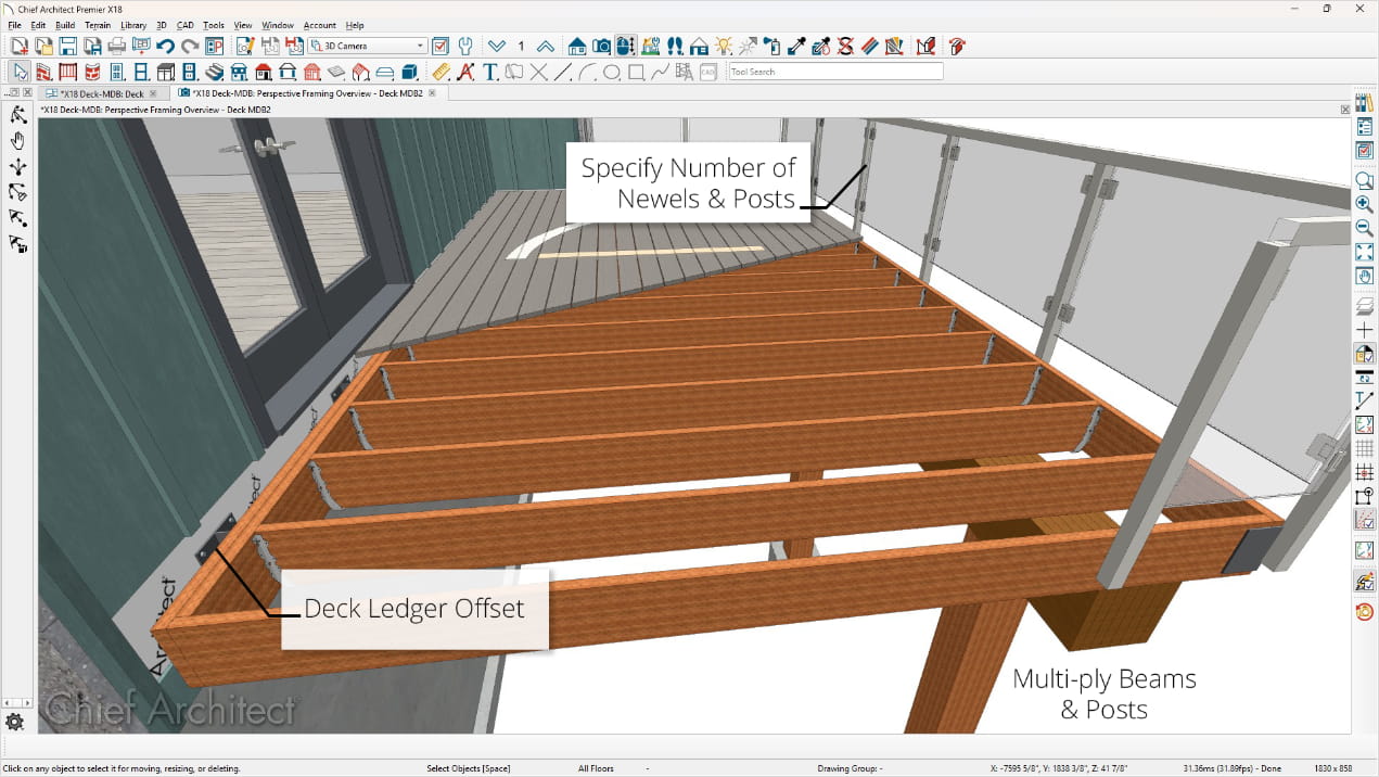 New construction and framing features displayed with callouts on an deck with a glass railing and exposed framing