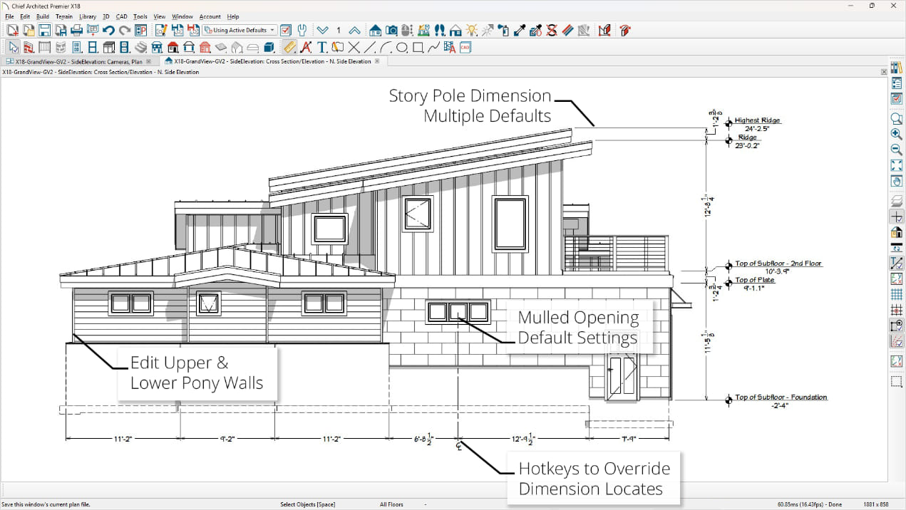 Black and white line style elevation of shed roof house with story pole dimensions and callouts to new default settings and editing features