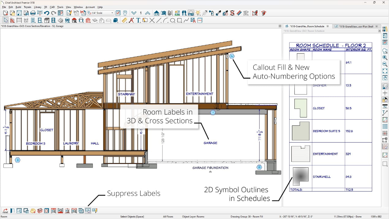 New Chief Architect features for drafting and project management controlling labels, callouts, notes and more shown on a color framing elevation view with room schedule overlay