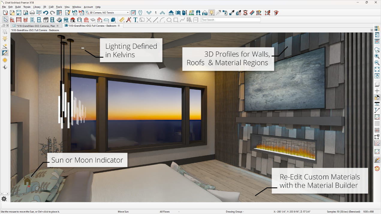 Sunset view through a bedroom window next to a fireplace depicting new features for materials and lighting in render views