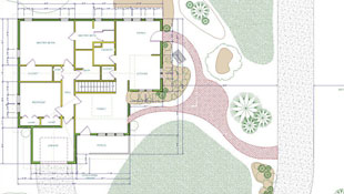 A technical view of a floor plan layout including exterior landscape beds, pathways, driveway, and plan placement.