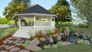 Octagonal gazebo is elevated with a stone path and steps for access sits beside a tranquil stone lined pond.