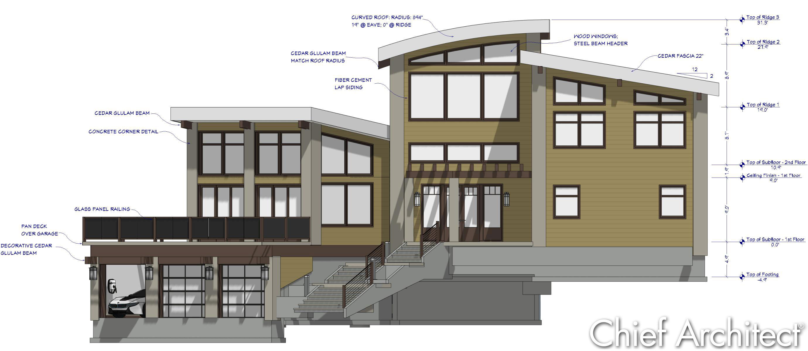 color front elevation of a contemporary multi-level home shows 