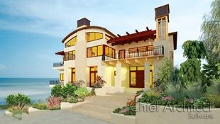 A stucco contemporary home with barreled roof and 2nd floor balcony trellis overlooks a sunny beach.