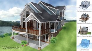 Home designs can be rendered in a variety of techniques including watercolor, glass-house, slider-sections, and elevations with technical information.