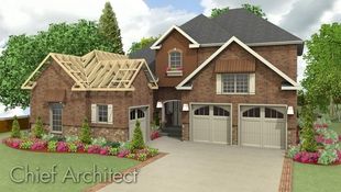Homes can be rendered to show framing and finish materials simultaneously; this brick house looks move-in ready except for the illustration of framing trusses over the garage.