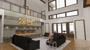 A large lofted contemporary living room with a massive modern fireplace, brown leather seating, a wall of windows, and overlooked by a glass-railed hallway above.