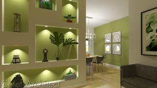 Wall niche cubbies, painted green, scatter a white wall and provide housing to plants and knick-knack to create a tranquil and welcoming space.