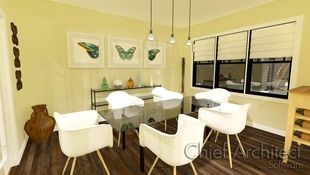 A simple creamy dining room makes a statement with iconic Eames fiberglass chairs, a glass dining table, and beautiful nature illustrations of butterfly wings on the wall.